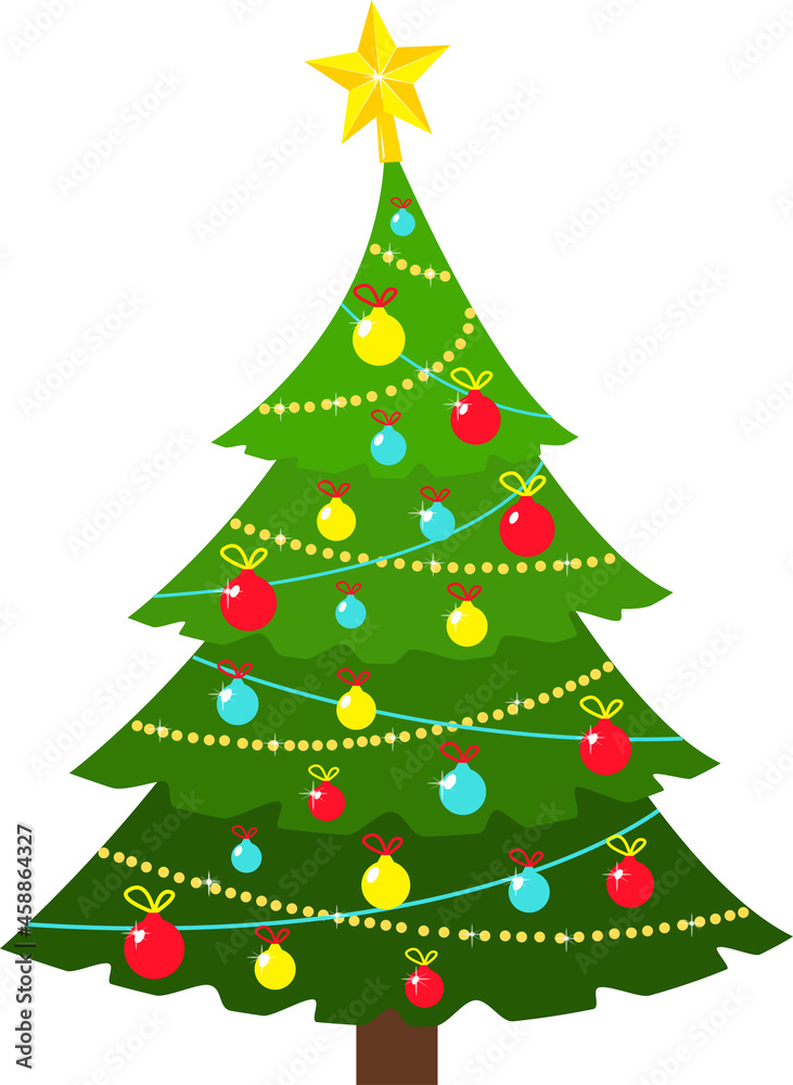 Christmas tree with Xmas star, balloons and lights. Green fir or pine, decorated, glowing garlands, Vector design of New Year holidays. New Years Eve 2022.
