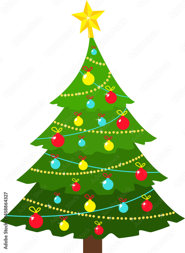 Christmas tree with Xmas star, balloons and lights. Green fir or pine, decorated, glowing garlands, Vector design of New Year holidays. New Years Eve 2022. Christmas tree with Xmas star, balloons and lights. Green fir or pine, decorated, glowing garlands, Vector design of New Year holidays. New Years Eve 2022.