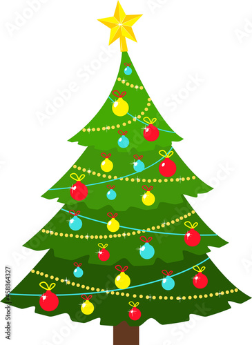 Christmas tree with Xmas star, balloons and lights. Green fir or pine, decorated, glowing garlands, Vector design of New Year holidays. New Years Eve 2022.
