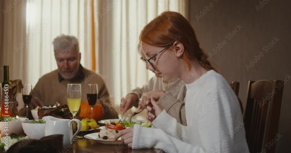 Beautiful young red-haired girl eating a festive dinner with her family Beautiful young red-haired girl eating a festive dinner with her family