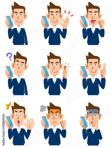 携帯電話で会話している男性の9種類の仕草と表情
