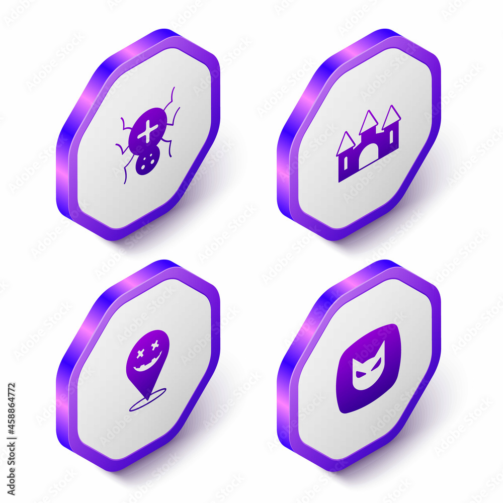 Set Isometric Spider, Castle, Happy Halloween holiday and Black cat icon. Purple hexagon button. Vector Set Isometric Spider, Castle, Happy Halloween holiday and Black cat icon. Purple hexagon button. Vector