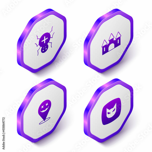 Set Isometric Spider, Castle, Happy Halloween holiday and Black cat icon. Purple hexagon button. Vector