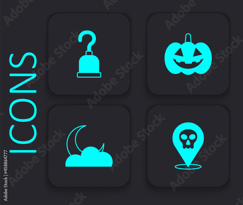 Set Skull, Pirate hook, Pumpkin and Moon and stars icon. Black square button. Vector