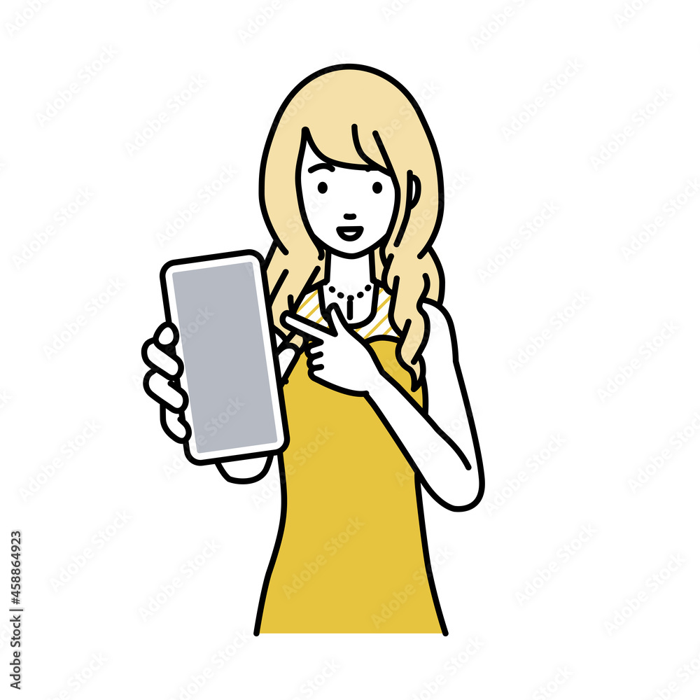 立ってスマートフォンを指差してこちらに向けて見せているドレスの女性 立ってスマートフォンを指差してこちらに向けて見せているドレスの女性