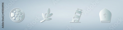 Set Pizza, Olives branch, Leaning tower in Pisa and Pope hat. Paper art style. Vector