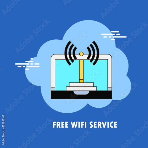 Free  Wi Fi service with modem computer and signals flat concept vector design