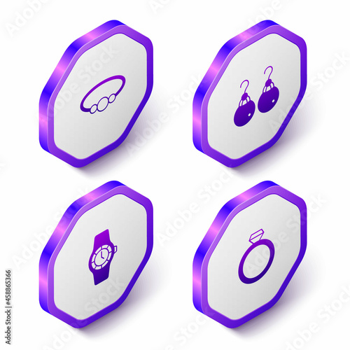 Set Isometric Bracelet jewelry, Earrings, Wrist watch and Diamond engagement icon. Purple hexagon button. Vector