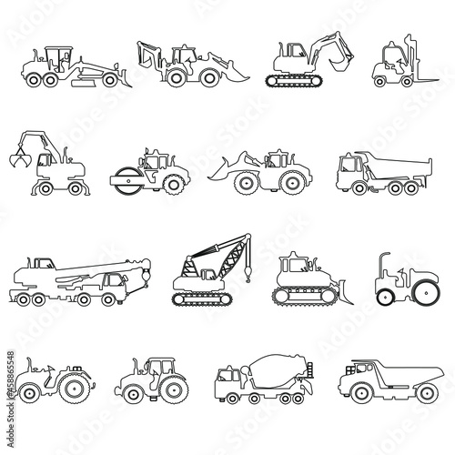 Heavy vehicles outline flat icon collection vector set