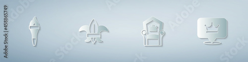 Set Torch flame, Fleur de lys lily flower, Medieval throne and King crown. Paper art style. Vector