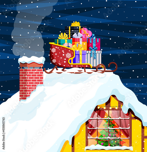 Christmas Santa Claus sleigh with gifts boxes