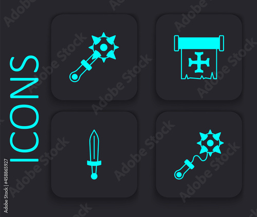 Set Mace with spikes, Crusade and Medieval sword icon. Black square button. Vector