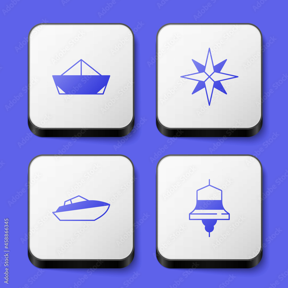Set Folded paper boat, Wind rose, Speedboat and Ship bell icon. White square button. Vector Set Folded paper boat, Wind rose, Speedboat and Ship bell icon. White square button. Vector