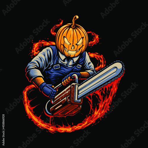 halloween pumpkin with chainsaw illustration