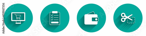 Set Shopping cart on monitor, Clipboard with checklist, Wallet and Scissors cuts discount coupon icon with long shadow. Vector