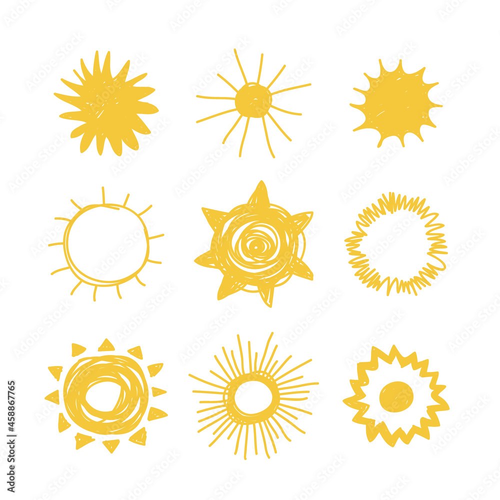 Hand drawn Illustration Sun. Doodle style element isolated on white background. Yellow Solar System Objects