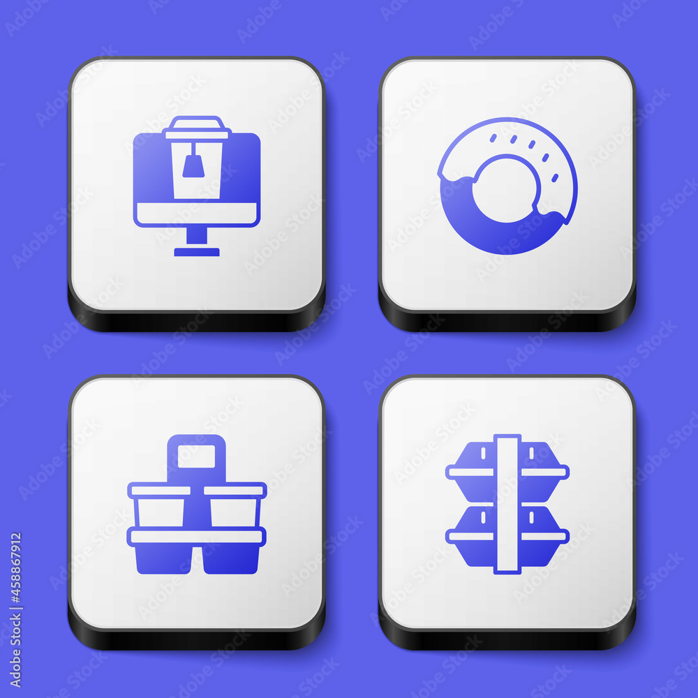 Set Online ordering food, Donut, Coffee cup to go and Lunch box icon. White square button. Vector Set Online ordering food, Donut, Coffee cup to go and Lunch box icon. White square button. Vector