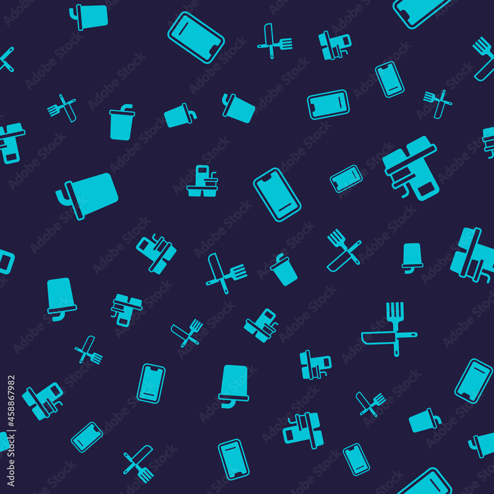 Set Paper glass with water, Coffee cup to go, Food ordering on mobile and Crossed knife and fork on seamless pattern. Vector Set Paper glass with water, Coffee cup to go, Food ordering on mobile and Crossed knife and fork on seamless pattern. Vector