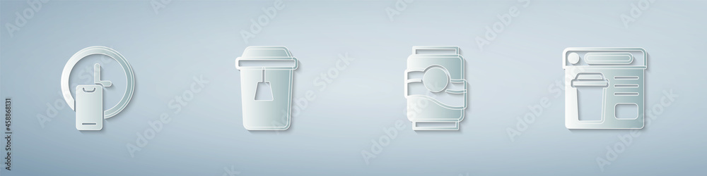 Set Round the clock delivery, Cup of tea, Soda can and Online ordering food. Paper art style. Vector Set Round the clock delivery, Cup of tea, Soda can and Online ordering food. Paper art style. Vector