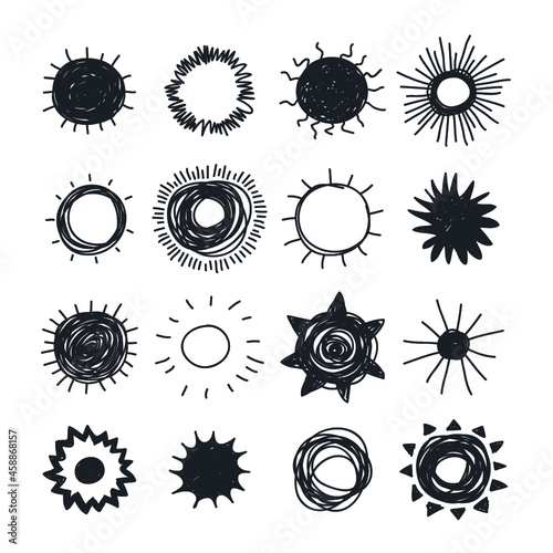 Hand drawn Illustration Sun. Doodle style seamless pattern. Yellow Solar System Objects