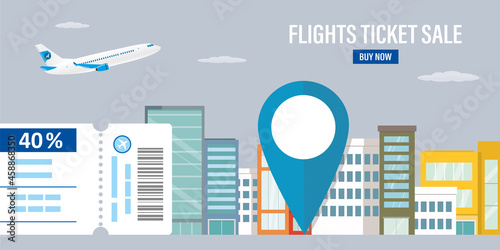 Flights ticket sale, landing page. Sale of air tickets with large discount. Boarding pass, plane take off. City landscape, trip destination with huge pointer. Promo tariff,