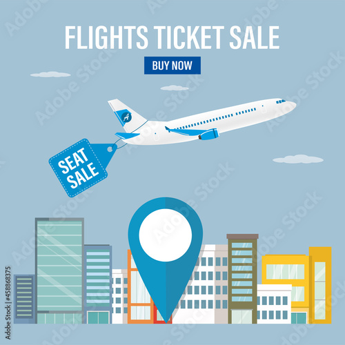 Flights ticket sale, landing page. Sale of air tickets. Plane take off. Advertising banner attached to airplane. City landscape, trip destination with huge pointer. Promo tariff.