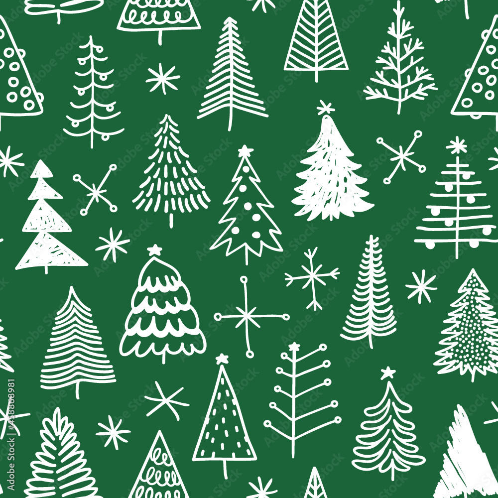 Obraz premium Seamless pattern with hand drawn Christmas tree. Abstract doodle drawing winter wood. Vector art Holidays illustration