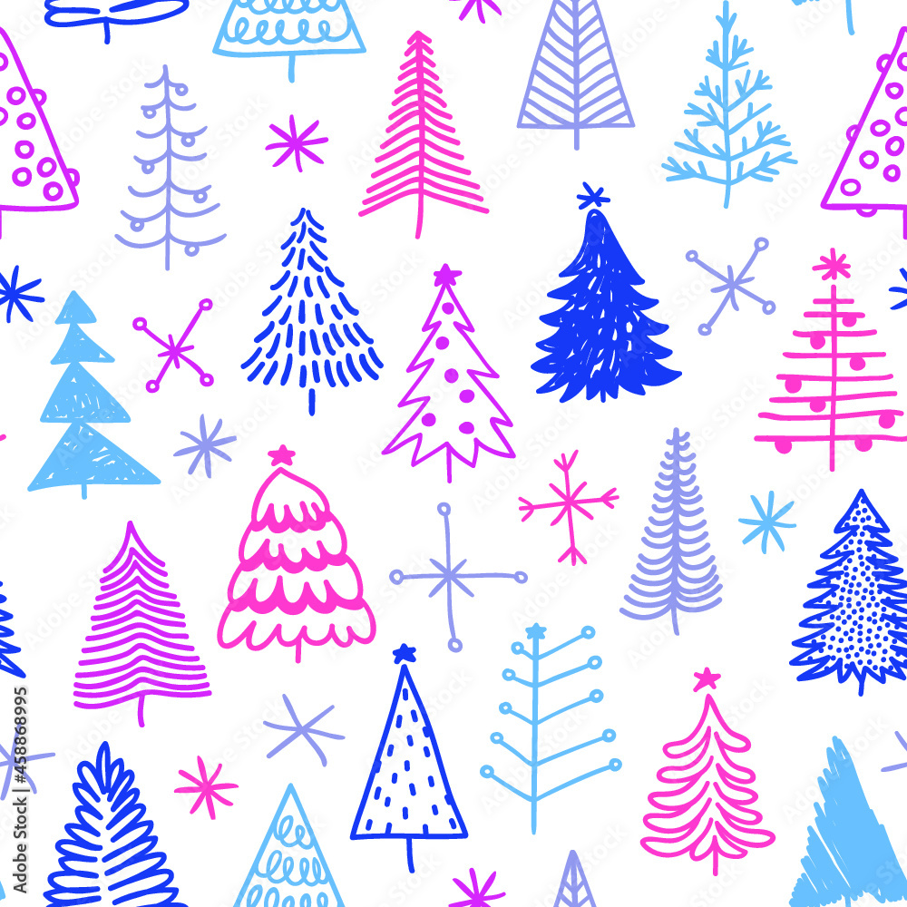 Seamless pattern with hand drawn Christmas tree. Abstract  doodle drawing winter wood. Vector art Holidays illustration