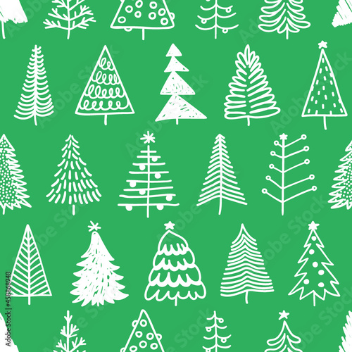 Seamless pattern with hand drawn Christmas tree. Abstract  doodle drawing winter wood. Vector art Holidays illustration