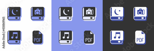Set PDF file document, Holy book of Koran, Audio and Photo album gallery icon. Vector