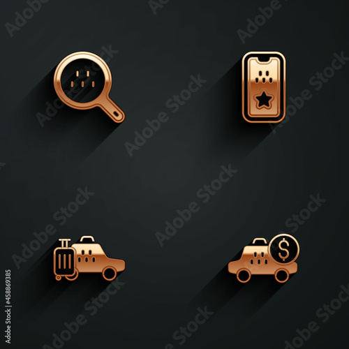 Set Search taxi, Taxi mobile app, car and Taximeter device icon with long shadow. Vector