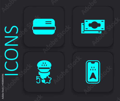 Set Infographic of city map, Credit card, Stacks paper money cash and Taxi service rating icon. Black square button. Vector