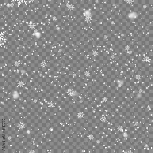 Seamless pattern with falling snowflakes on transaparent background. Vector