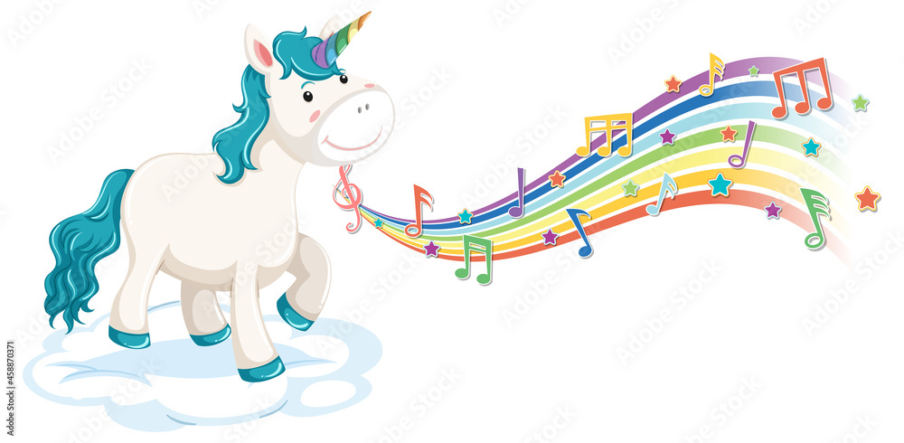 Blue unicorn standing on the cloud with melody symbols on rainbow Blue unicorn standing on the cloud with melody symbols on rainbow