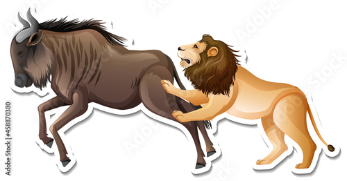 A sticker template of lion and wildebeest