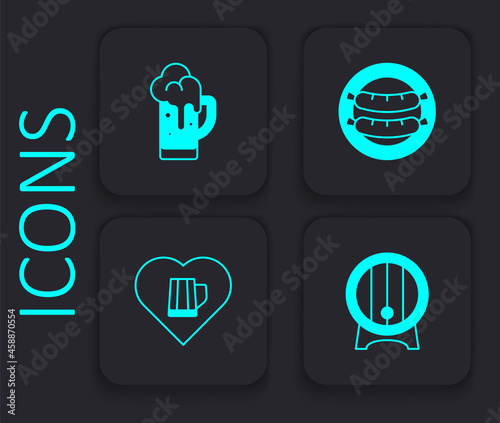 Set Wooden barrel on rack, Glass of beer, Sausage and Heart with glass icon. Black square button. Vector