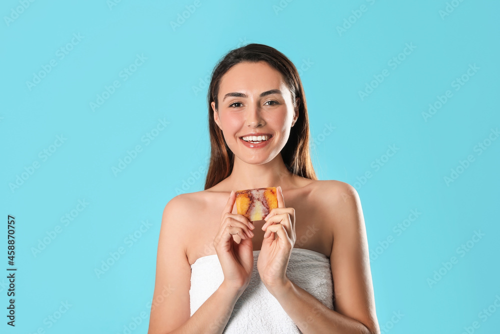 Beautiful young woman with soap on color background Beautiful young woman with soap on color background
