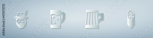 Set Oktoberfest man, Glass of beer, Wooden mug and Salami sausage. Paper art style. Vector