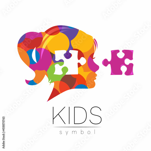 Modern Vector logotype Girl head with Puzzle inside brain in Rainbow Color . Logo sign of Psychology. Profile Human. Creative style. Symbol in vector. Design concept.