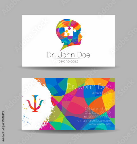 Psychology Vector Business Visit Card with Letter Psi Psy and Human Head in Profile. Modern logo Creative Colorful Rainbow style. Child Silhouette Design concept for Branding Identity