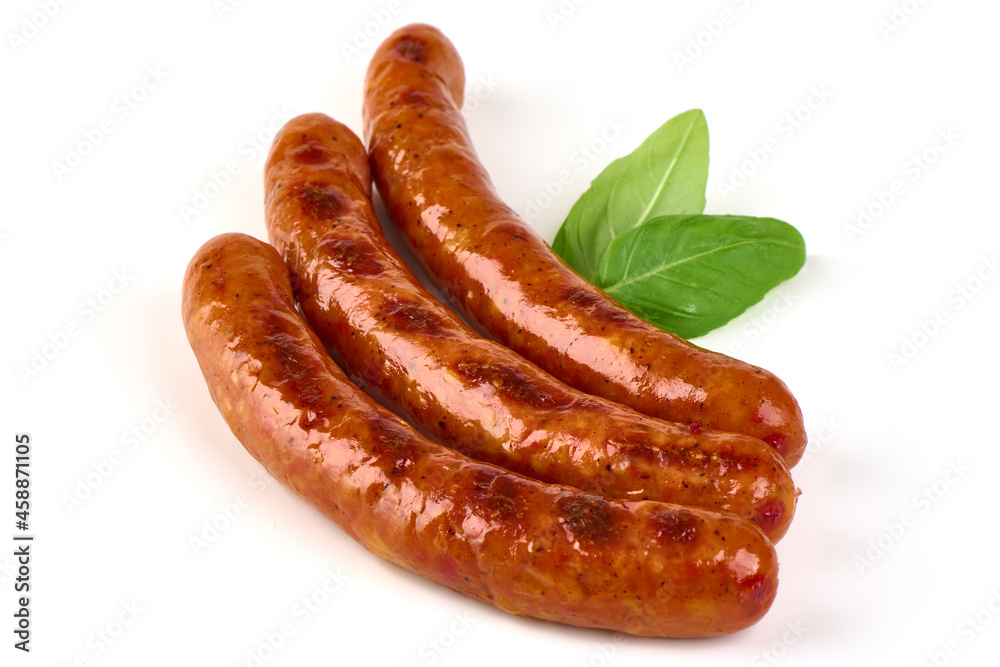 Grilled bbq sausages on the barbecue, isolated on white background. Grilled bbq sausages on the barbecue, isolated on white background.