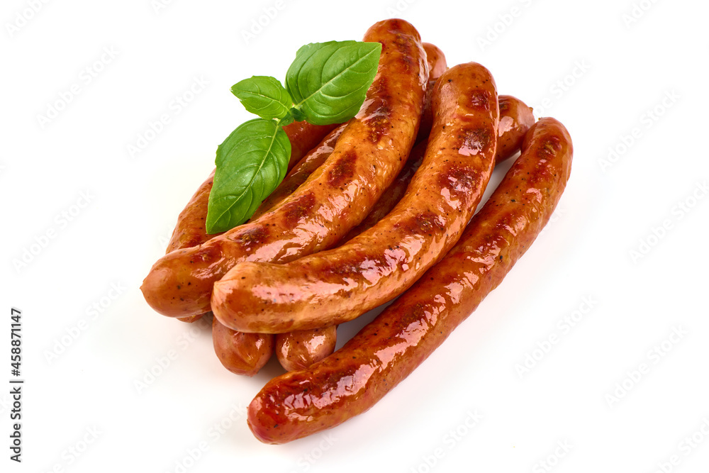 Roasted sausages, isolated on white background. Roasted sausages, isolated on white background.