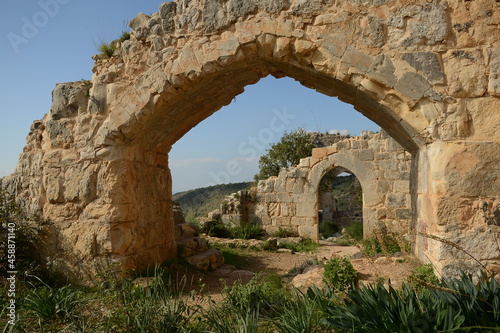 Montfort Castle. Qal'at al-Qurain or Qal'at al-Qarn - "Castle of the Little Horn" a ruined Crusader castle in the Upper Galilee region. Ruins of Monfort castle, Israel