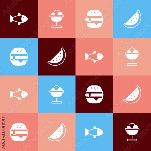 Set pop art Fish, Ice cream in the bowl, Burger and Watermelon icon. Vector