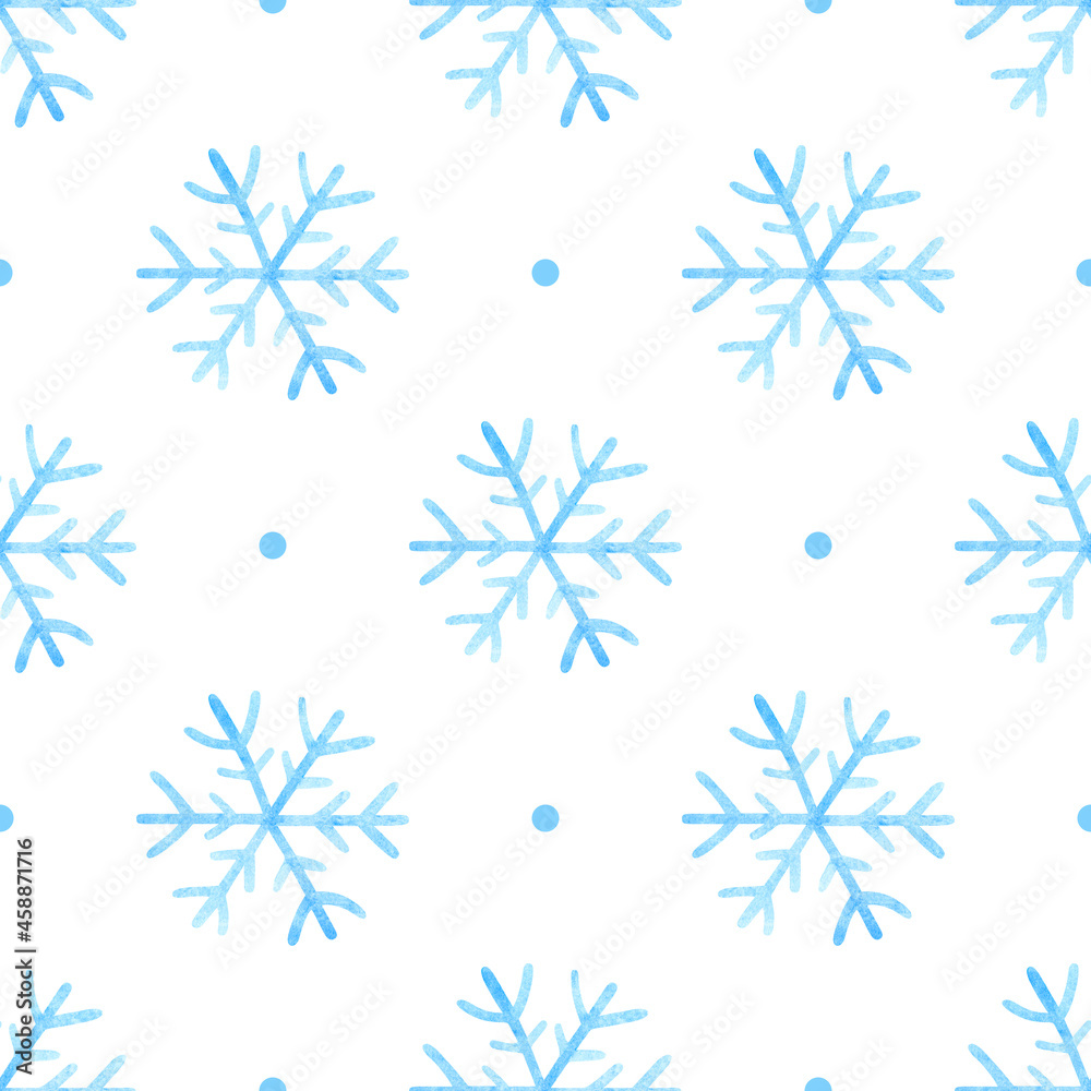 Seamless pattern with light blue snowflakes on a white background. Christmas watercolor illustration with snowflakes.  Print for wrapping paper, cards, banners, posters, web, fabrics, invitations.