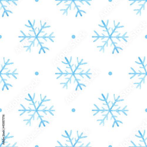 Seamless pattern with light blue snowflakes on a white background. Christmas watercolor illustration with snowflakes. Print for wrapping paper, cards, banners, posters, web, fabrics, invitations.