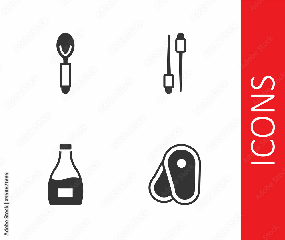 Set Steak meat, Spoon, Sauce bottle and Food chopsticks icon. Vector Set Steak meat, Spoon, Sauce bottle and Food chopsticks icon. Vector