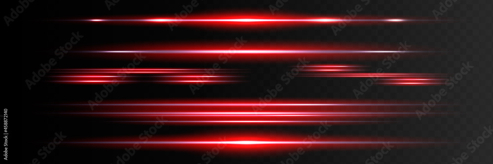 Red horizontal lens flares pack. Laser beams, horizontal light rays.Beautiful light flares. Glowing streaks on dark background. Luminous abstract sparkling lined background.