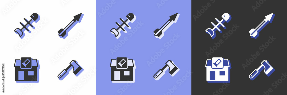 Set Wooden axe, Dead fish, Hunting shop and Medieval arrow icon. Vector Set Wooden axe, Dead fish, Hunting shop and Medieval arrow icon. Vector
