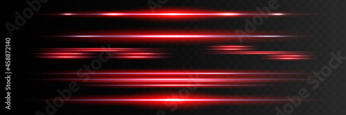 Red horizontal lens flares pack. Laser beams, horizontal light rays.Beautiful light flares. Glowing streaks on dark background. Luminous abstract sparkling lined background.